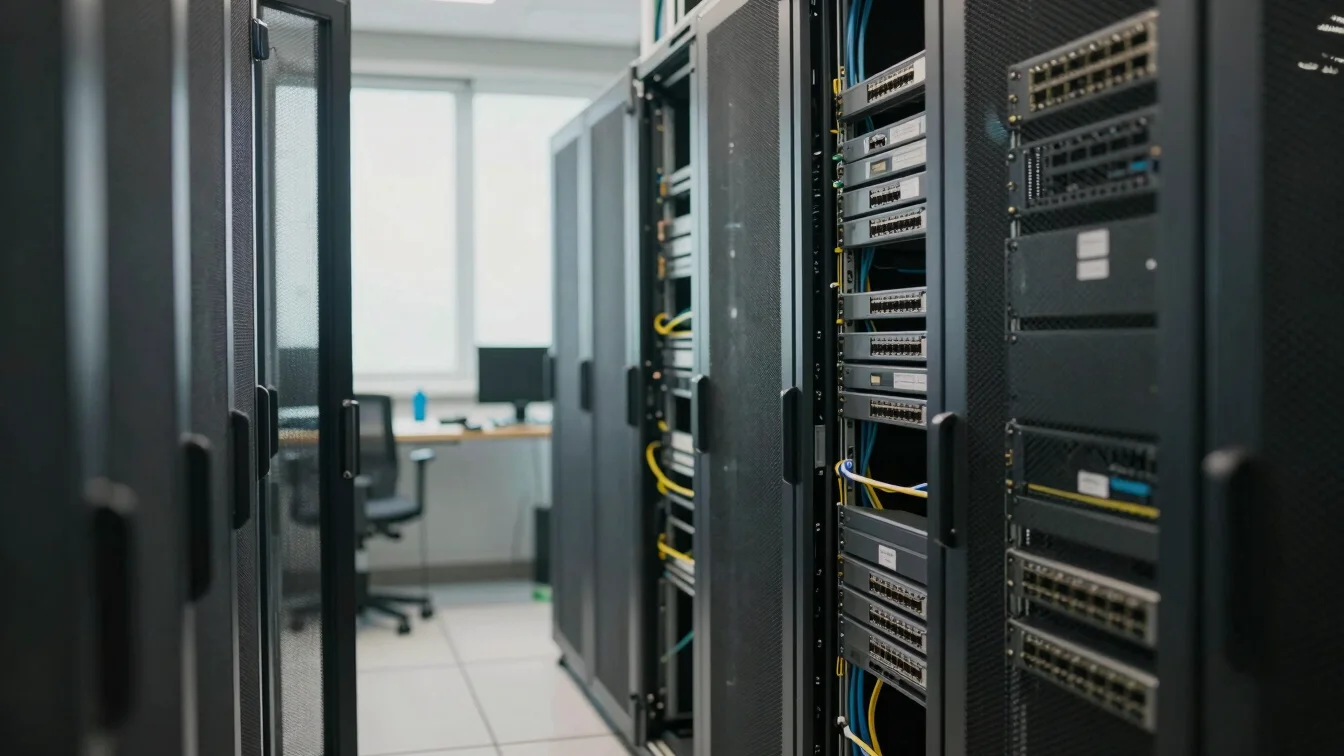 Editorial technology photography, balanced natural daylight, restrained neutral tones, 35mm. Server rack cabling and lab