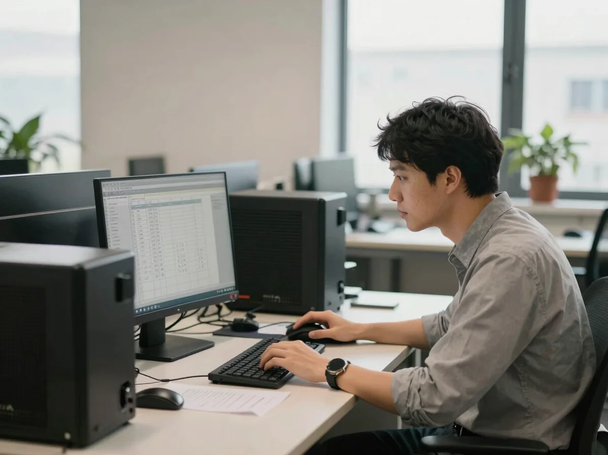 Editorial technology photography, balanced natural daylight, a professional reviewing a computer hardware inventory on a